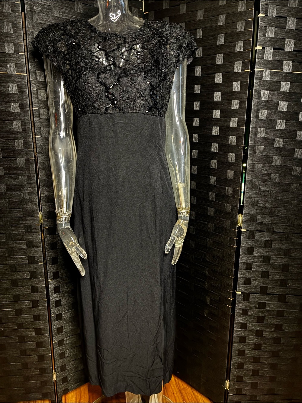 Black Midi Dress with Lace and Sequin Bodice